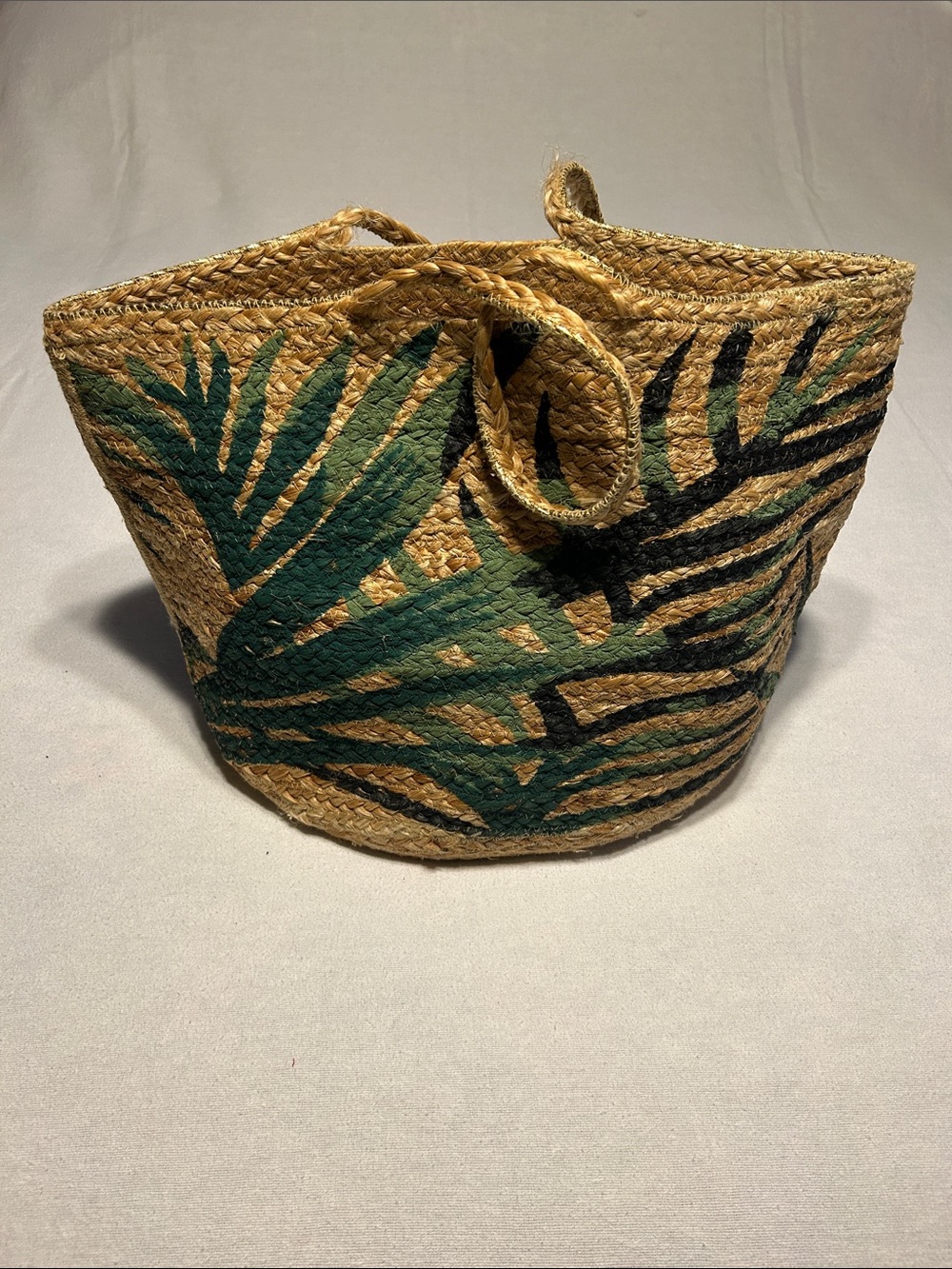 Olivia Miller Natural Straw Tote with Green and Black Leaf Motif